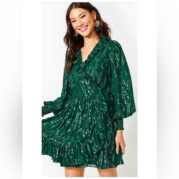 Lilly Pulitzer NWT Birdy Silk Wrap Dress Evergreen Fish Clip $328 Size 10,12 - Picture 8 of 10